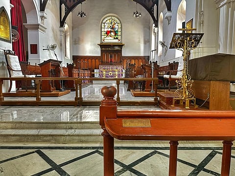 The church's interior features exquisite stained glass windows and intricate woodwork